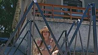 Boldly flashing in countryside tent setup with body stuffed in ass