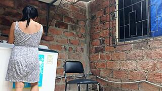 my slutty neighbor in the yard flashing her pussy under the dress