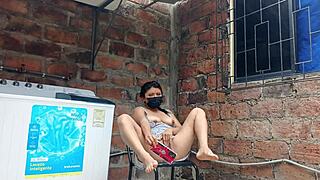 my slutty neighbor in the yard flashing her pussy under the dress