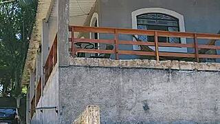 Boldly flashing in countryside tent setup with body stuffed in ass