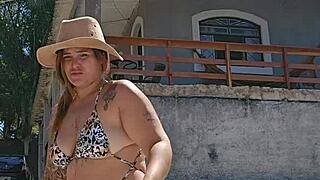 Boldly flashing in countryside tent setup with body stuffed in ass