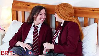 two british students have a masturbation race in their uniforms