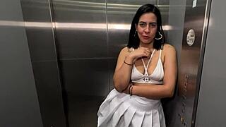 Latina milf neighbor has interracial sex with a young 18+ bbc guy in the office elevator takes off his condom and asks for a vaginal creampie kylei ellish and sr matamorros