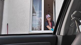 Taxi Driver Watches Naked Milf In Stockings Wash Apartment Window Without Panties