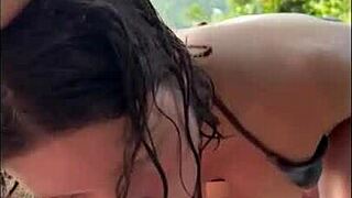 horny teen 18+ in bikini gives oily titjob and sucks my dick on public beach