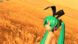 Hatsune miku in velvet arabesque bunny costume, fully nude and teasing