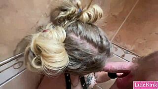 Blue-Eyed Submissive Slut Handcuffed for Rough Mouth Fucking in Shower