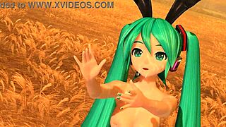 Hatsune miku in velvet arabesque bunny costume, fully nude and teasing