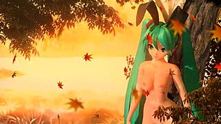 Hatsune miku in velvet arabesque bunny costume, fully nude and teasing