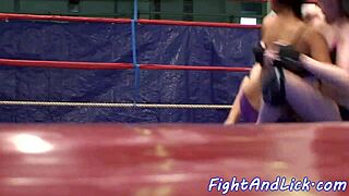 bigtitted euro dykes wrestle and lick shaved pussies