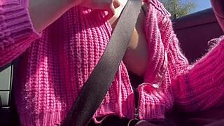 Italian horny big tits milf artemisia love flashes juicy tits while driving naked