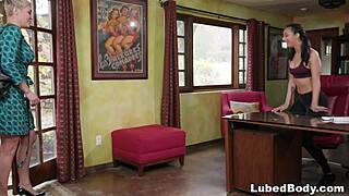 Lesbian teacher surprises student in massage shop with bent over fingering and oral