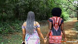 African milf lesbians enjoy pussy eating after their romantic forest date