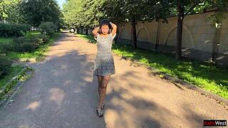 Public Flashing Ass Plug in Fishnets