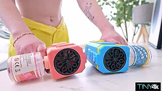 tiny babe trying to fit that 10 incher in her cunt