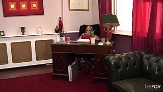 Busty brunette catches her lesbian boss masturbating after barging in and gets taught a lesson with her strapon