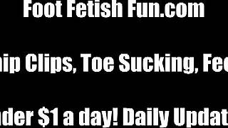 Teasing with silky soft feet, sucking and footjob in detailed fetish play.