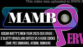 Oscar Batty's wild New Year orgy pits three Brazilian beauties against five massive cocks in intense anal action