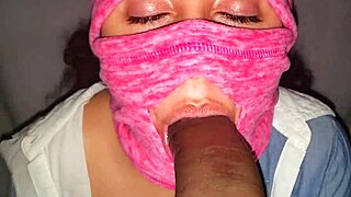 Blindfolded latina spies on massive black cock sucking session