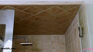 The cute teen 18+ model enjoys a sensual bath in the studio. The interviewer is watching