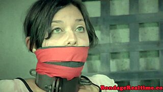 Bdsm sub gets tied to poles before intense dildo play with choking and gagging in rough domination