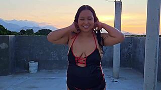 submissive milf gets dominated outdoors on rooftop by bricklayer with facial, blowjob, and golden shower