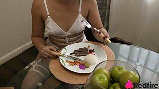Surprise dinner escalates to husband's hard anal on fur