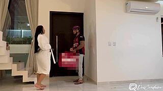 delivery guy makes the delivery and fucks the hot brunette alone at home