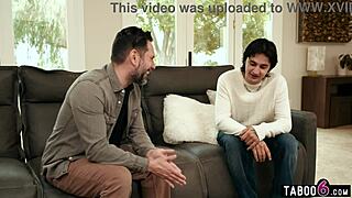 Stepson and stepdad give mature stepmom a blindfolded massage, leading to a group activity