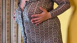 big boobed slut wife with shaved pussy let me cum inside her with a chance of impregnation - side view