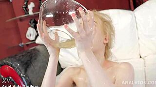 Sweetie Plum took on two guys and a girl in a wild anal session with deepthroat and cum in mouth.