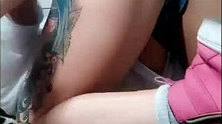 slut shows off completely in tight jeans shorts without panties, hairy pussy gg and bcta - complete on red