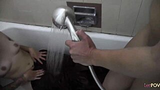Wearing costumes, the brunette lesbians get raunchy and decide to use sex toys before showering