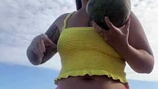Young Woman Flashes Swollen Pussy in Tight Bikini on Beach