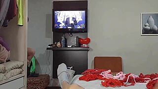 Mom tries thongs, gives handjob and blowjob to monster cock, swallows cum