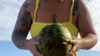 Young Woman Flashes Swollen Pussy in Tight Bikini on Beach