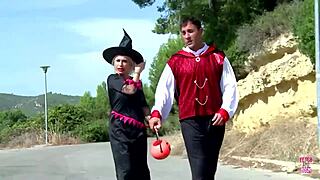 Two GUYS and a BLONDE CHICK go to a COSTUME PARTY but STOP to FUCK
