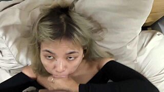 I offer new lingerie to my Indonesian wife. She sucks me off as a reward but doesn't want to swallow my cum.