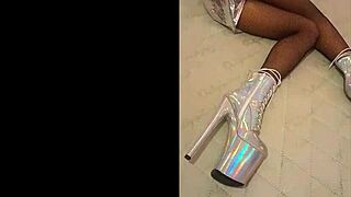 total silver and fishnet pantyhose i am wearing beautiful ankle boots with very high heels silver black fishnet pantyho