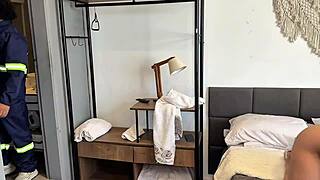 Influencer teases and fucks electrician with blowjob and creampie.