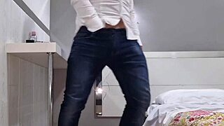 italian guy jerks off in jeans and shirt