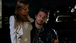 Fucking blonde slut in high heels outdoor on the bed with big tits and shaved pussy