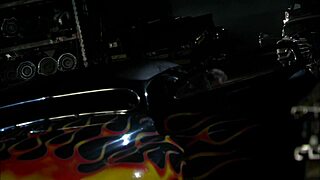 Fucking blonde slut in high heels outdoor on the bed with big tits and shaved pussy