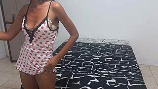 This thin indian brunette just arrived in colombia and she's touching her tits, ass, and pussy, craving to get fucked like a whore