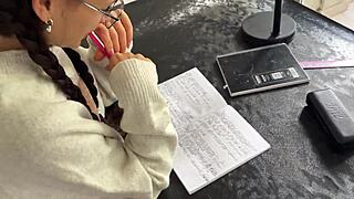 Spanish teacher fucks student on desk during class with big cock.