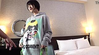 Cute busty Japanese student chats with stranger in uniform