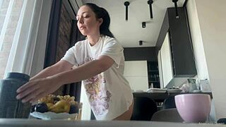 fit brunette cleans house pantyless