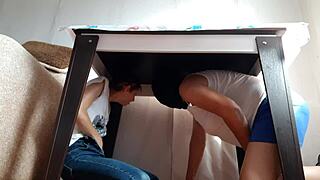 We hide under the table from stepparents to masturbate together