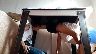 We hide under the table from stepparents to masturbate together