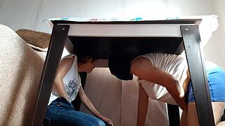 We hide under the table from stepparents to masturbate together
